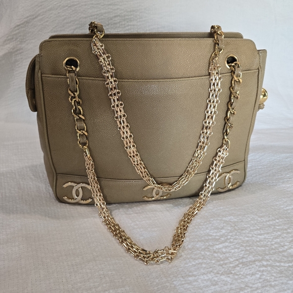 Chanel Caviar Leather Tripple CC Tote Bag Purse Beige 24K Vintage Coco Mark Gold - Picture 15 of 17